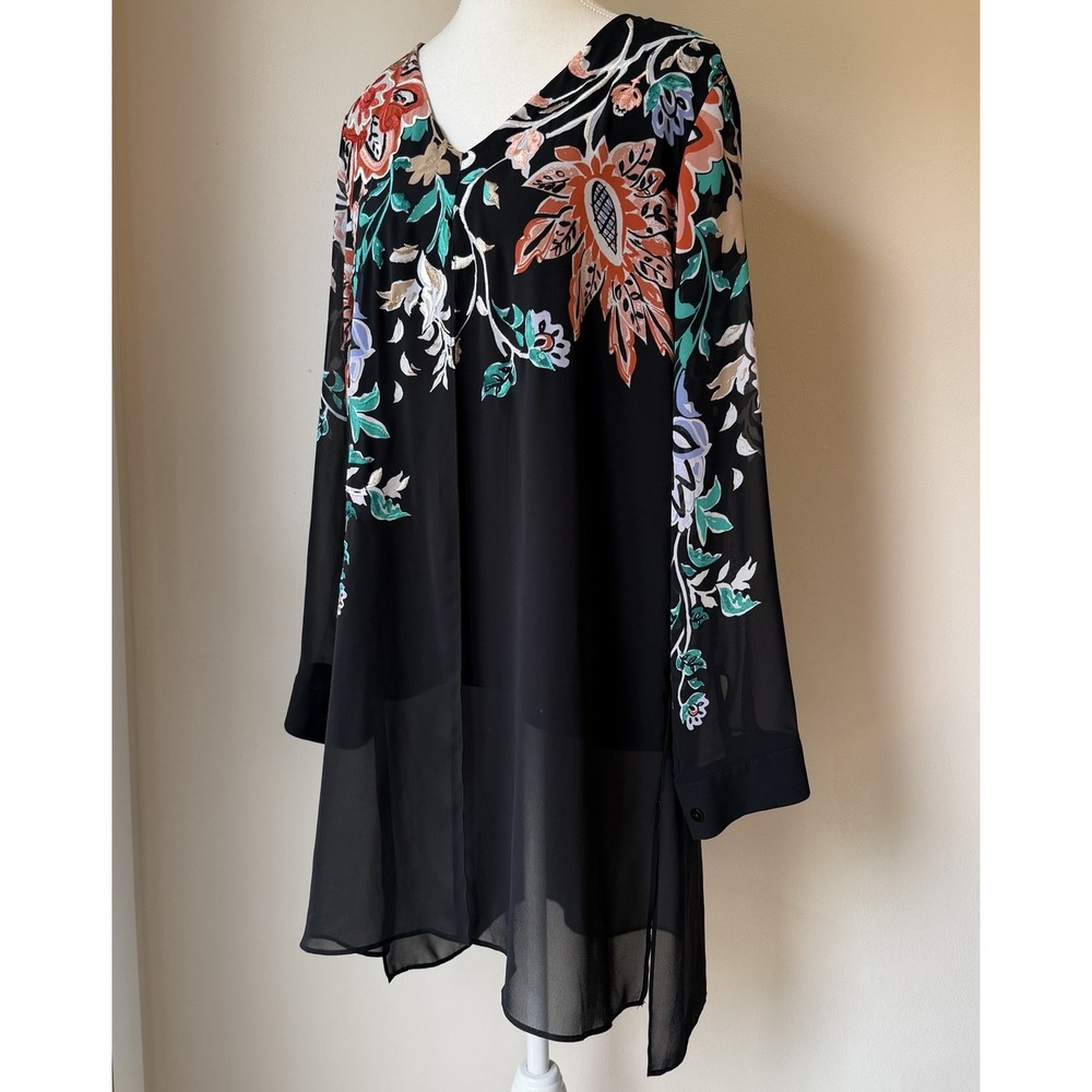 Chicos Embroidered Sheer Overlay Tunic 2 (L) Black Floral Boho Party